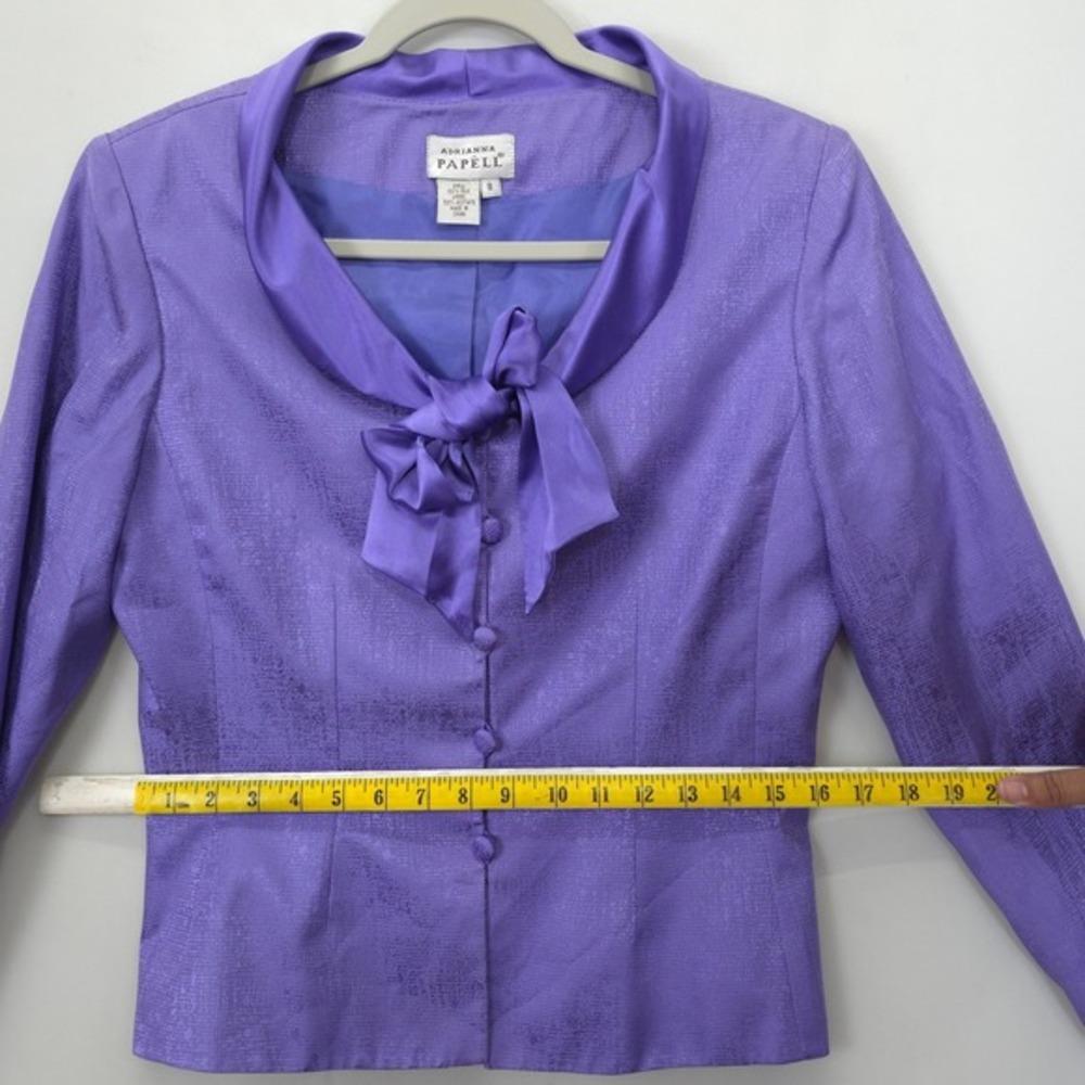 Adrianna Papell Silk Skirt Suit Set Purple Textured Tie Neck Career Wear VTG 90 - Picture 12 of 15
